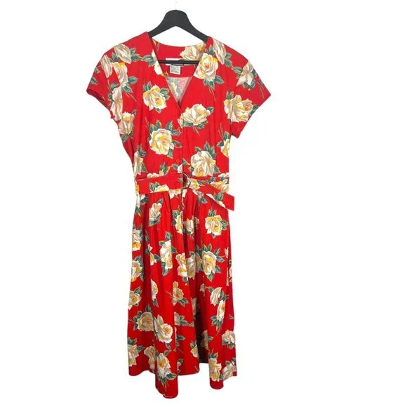 Vintage | Dresses | Vintage 9s Red Floral Button Up Short Sleeve Midi Dress  Xl | Poshmark